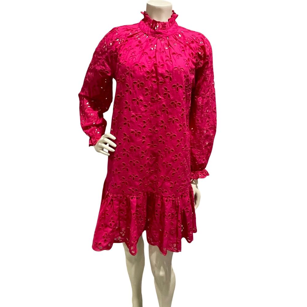 J.Crew Eyelet Ruffle Mini Dress XS Fuschia Pink Cotton Lined Adjustable Slip
